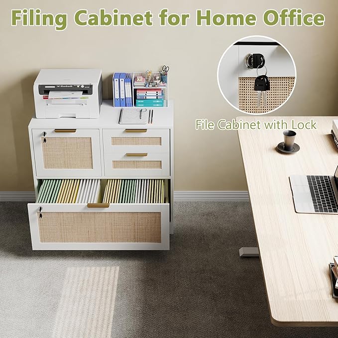 HOPUBUY Lockable 4 Drawers File Cabinet Lateral Filing Cabinet with Printer Stand for Home Office and School Wood Rattan File Cabinet for Hanging Files/Letter/Legal/A4/F4 Size White