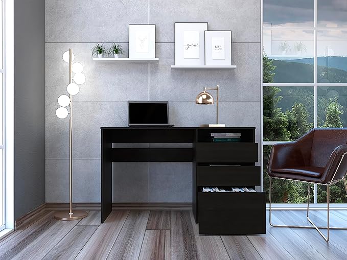 Compact 47.4 Black Computer Desk with 3 Drawers &amp Shelf - Modern Home Office Furniture