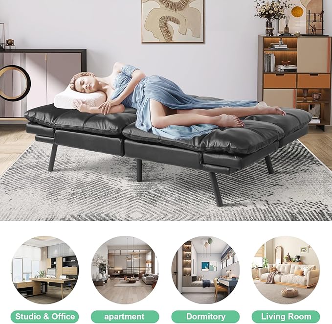 MUUEGM Futon Couch with 71 Adjustable High Density Memory Foam Futon Sofa Bed Modern Design Sofa Bed for Living Room Sleeping and Relaxing(Leather Matte Black)
