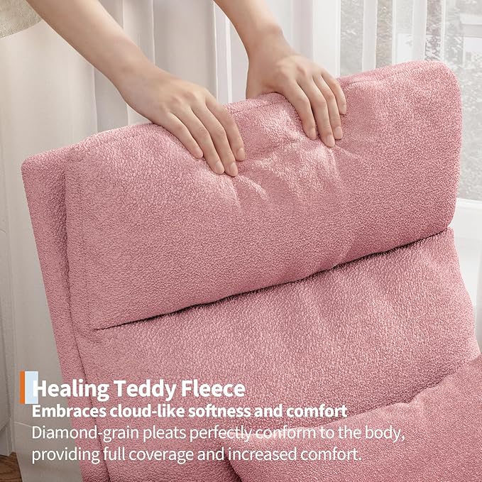 GarveeHome Teddy Fleece Rocking Chair with Footrest Modern Nursery Glider Chair with Side Pockets and Pillow Rocker Chair for Living Room Bedroom Nursing Room Pink