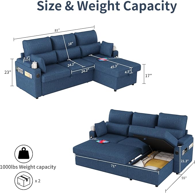 81 L-Shaped Sectional Sofa Couch Pull-Out Sleeper Sofa Bed with Storage Chaise Double Cup Holders Dual USB Charging Ports Couches for Living Room Apartment