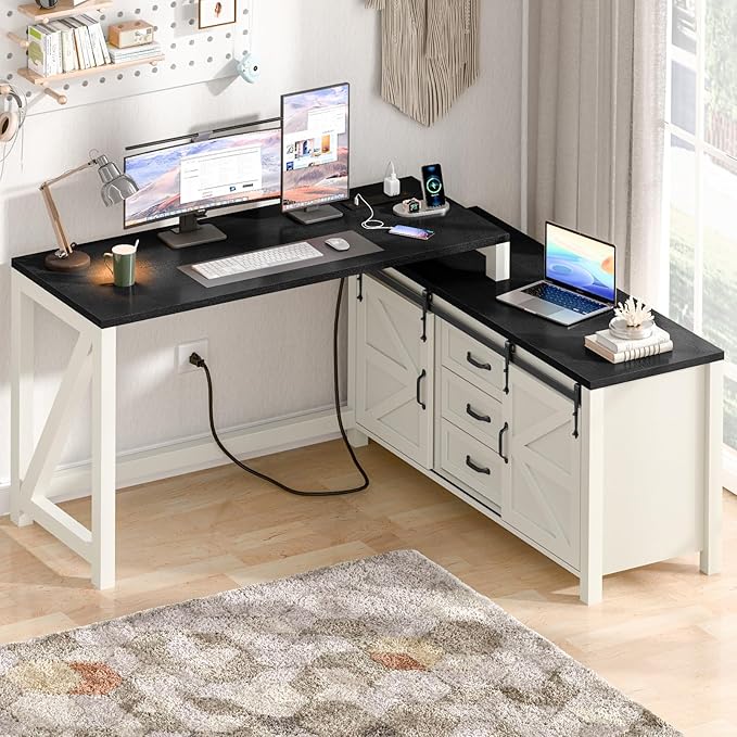 Executive L Shaped Office Desk with Drawers Farmhouse Corner Desk for Home Office with Storage Cabinet Computer Desk with Charging Station Reversible Study Writing Table Workstation Rustic White