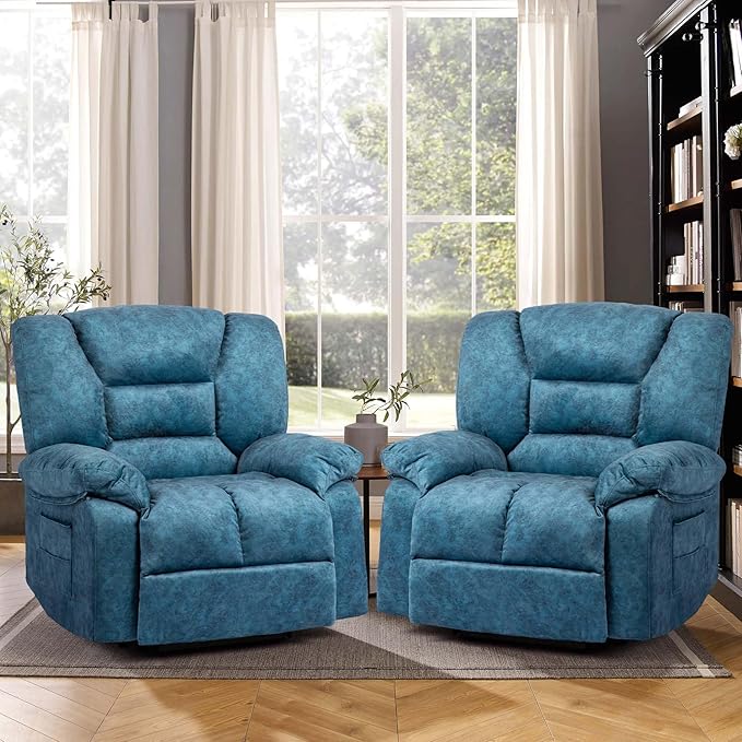 Oversized Recliner Chair &amp Massage Chair Recliner with HeatCozy Lazy Boy Recliners Chairs for Adults Blue Recliners Chairs&ampManual Reclining with Wide Seat Adjustable BackrestPockets (Blue)