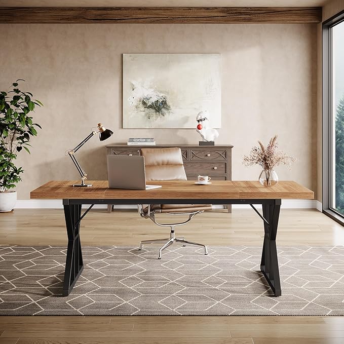 Tribesigns 70.86-Inch Large Executive Desk Industrial Home Office Computer Desk Simple Long Writing Study Table Business Furniture (Light Brown/Black)