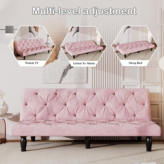 72 Pink Velvet Futon Couch Living Room Couch Bed Convertible Sleeper Sofa Bed with Cup Holder for Bedroom Guest Bed 2 Seater Reclining Sofas Couches with Nailhead Trim for Small Space (Pink New)