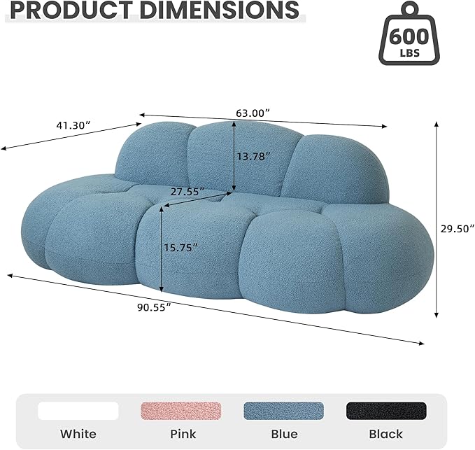 90 Curved Boucle Couch Comfy Cloud Shaped Boneless Couches for Living Room Modern Deep Seat Loveseat Lazy Floor Sofa for Bedroom Apartment Small Space (No Assembly Blue)