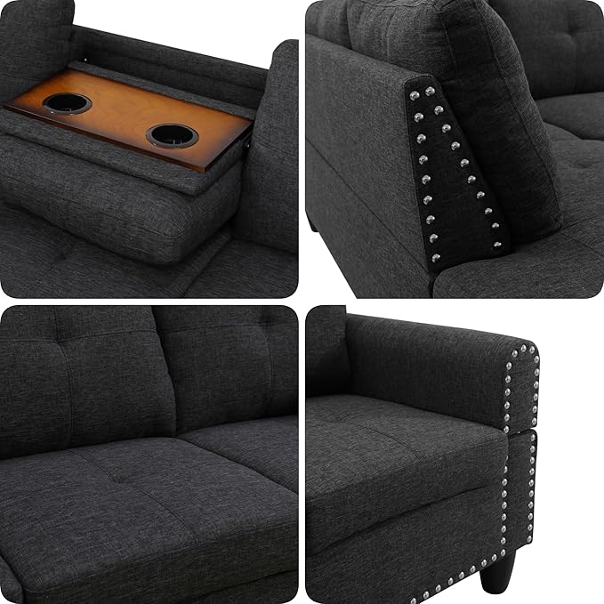 FONTOI L Shaped Sectional Couch Sofa 4-Seat Modern Sectional Sofa with Cup Holders &amp Nail-Head Trim – PU Leather L-Shaped Couch for Living Room Bedroom Apartment Black B