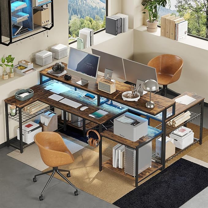 Bestier 71.5 inch Computer Desk with Power Outlets L Shaped LED Home Office Desk with Long Monitor Stand Large Corner Desk with Storage Shelf Cup Holder &amp Headset Hooks Modern Simple Table