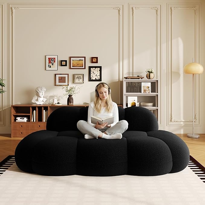 Floor Couch Modern Curved Loveseat Sofa Lazy Sofa Round Floor Sofas Cloud Memory Foam Couches for Living Room Apartment Small Spaces (No Assembly Black)