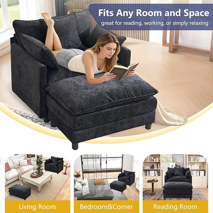 cinkehome Oversized Accent Chair with Ottoman Comfy Upholstered Armchair with Deep Seat Overstuffed Lounge Chair for Living Room Reading Nook (Black Chenille)