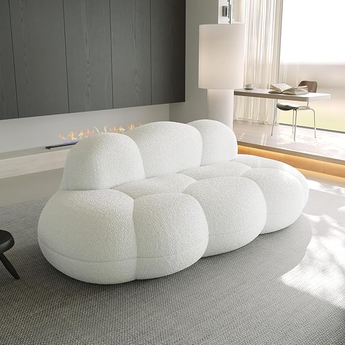 Cloud Shaped Floor Couches for Living Room 90 Curved Boucle Sofa Comfy Compressed Couch Deep Seat Loveseat Sofa for Bedroom Apartment Small Space (White No Installation)