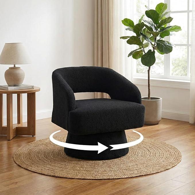 Swivel Barrel Chair - Velvet Upholstered Modern Armchair with Striped Backrest &amp Plush Padding Round Lounge Chair for Living Room Bedroom (Black-Openwork-(2 Pcs))