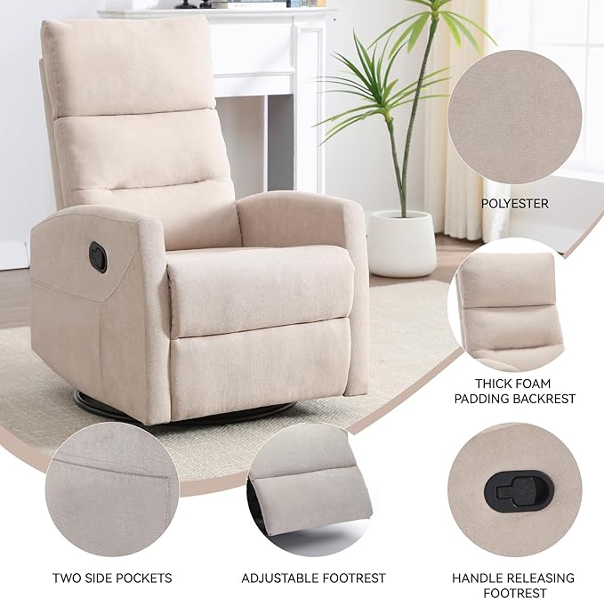 KEIKI Swivel Rocker Recliner Chair with Adjustable Backrest &amp Pockets Ergonomic Lounge Sofa Chair for Living Room Bedroom Beige