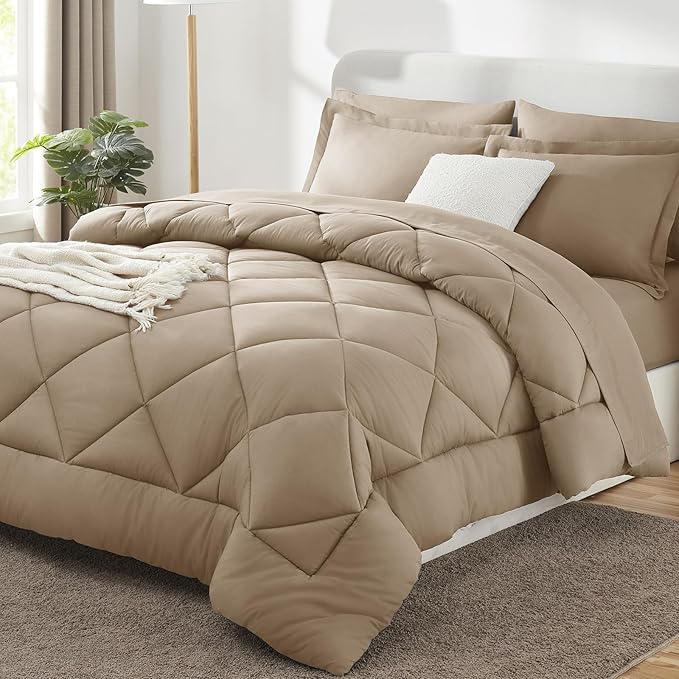 CozyLux Full Size Comforter Sets Taupe - 7 Pieces Bed in a Bag Full Luxury Soft Bed Set for All Seasons Bedding Set with Down Alternative Comforter Sheets Pillowcases &amp Shams