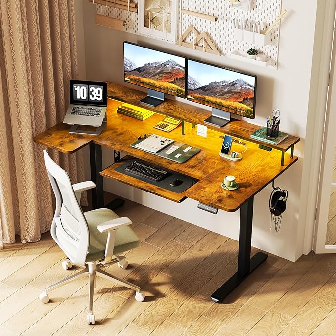 OffiGo U Shaped Electric Standing Desk with Keyboard Tray 55 Inch Height Adjustable Desk with Power Outlets &amp LED Lights Sit Stand Table with Monitor Stand for Home Office Rustic Brown