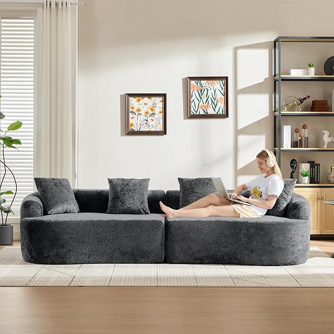 Curved Sectional Couch 110 Chenille Cloud Sofa with 4 Pillows 4-Seater Sleeper Sofa for Living Room Apartment Full Compression Sponge (Black 110 Inch)