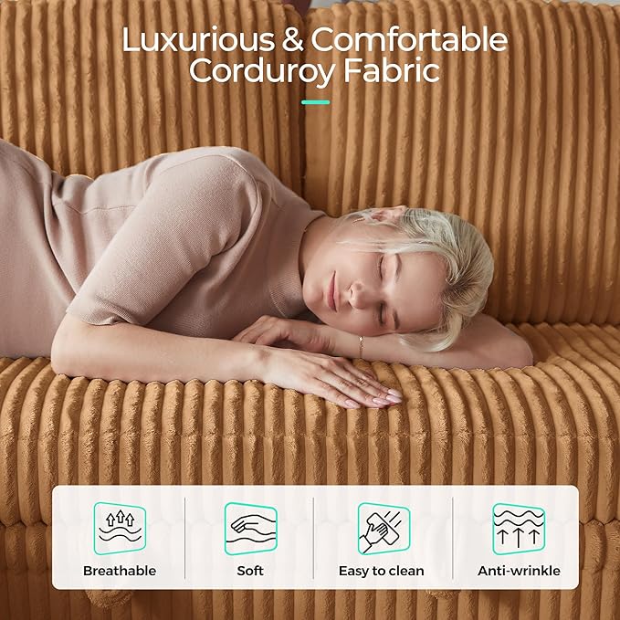 LINSY HOME Loveseat Sofa with Pull Out Couch Chaise: 2-in-1 Convertible 2 Seater Sofa with USB Charging &amp Cup Holders Comfy Plush Corduroy Love Seat for Small Spaces Living Room Apartment Brown