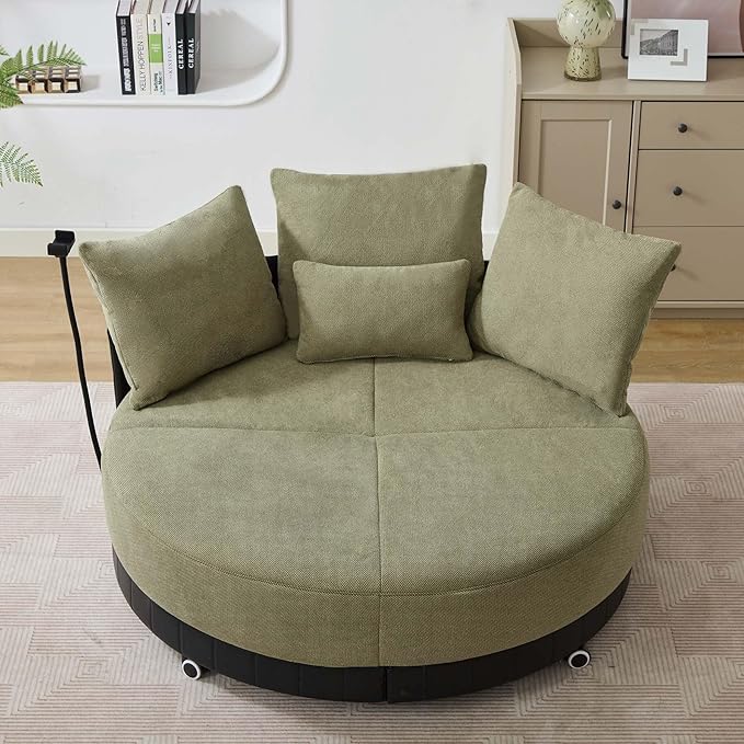 Anwick Modern 52'' Oversized Round Swivel Chair 360 Swivel with Adjustable Phone Holder 4 Pillows Upholstered Couples Chair for Living Room Bedroom Lounge Hotel (Green)