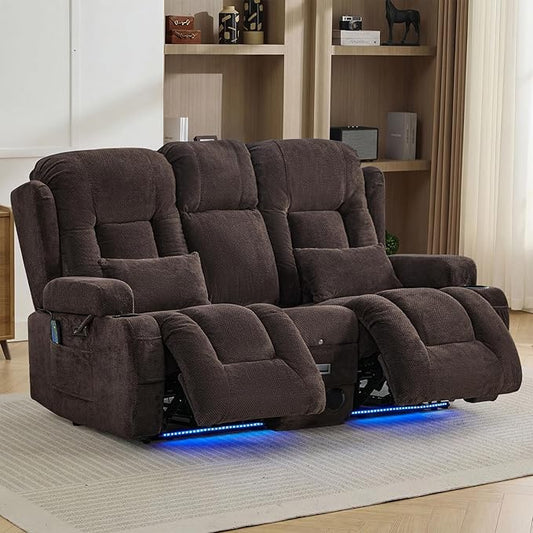TUNYI Wall Hugger Loveseat Recliner Sofa with Console Power Reclining Loveseat RV Couch with Massage &amp Heat/USB/Outlet/Storage/LED Light/Speaker (Brown)