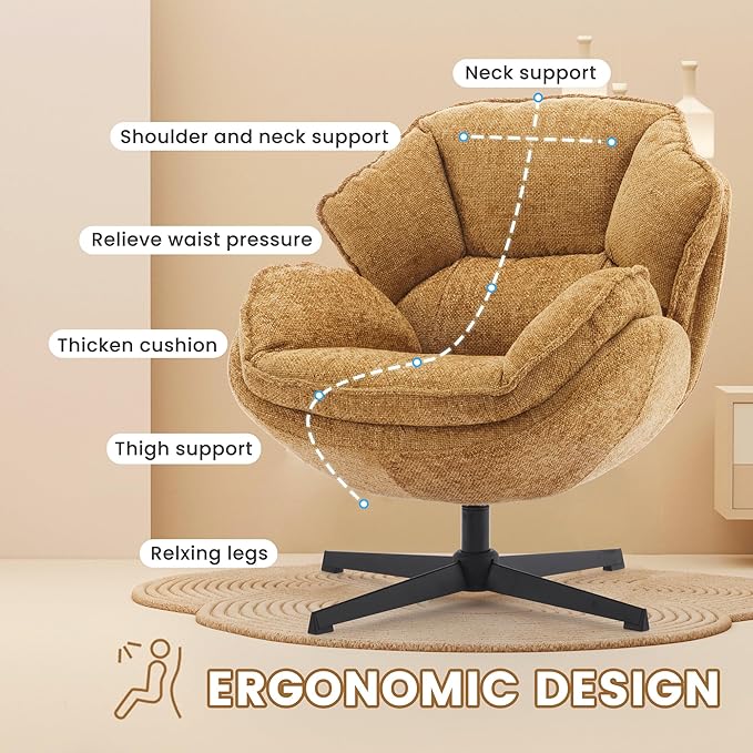 IWMH Swivel Accent Chair for Living Room Upholstered Armchair with Metal Legs Lounge Sofa Chair Comfy Leisure Chairs for Bedroom Reading (Yellow)