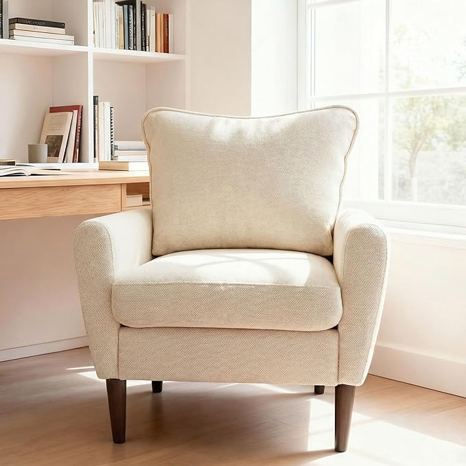 OLIXIS Comfy Accent Chair for Living Room Bedroom and Waiting Room Upholstered Mid-Century Reading Chair with Pillow and Solid Wood Legs Wide Singe Modern Lounge Sofa (Beige 2 Pack)