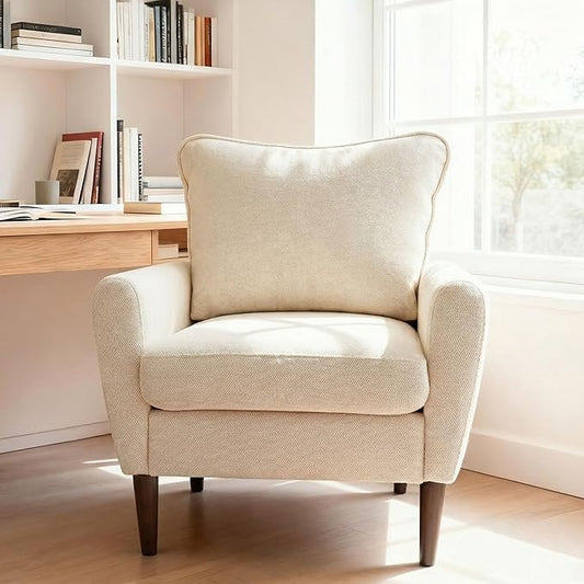 OLIXIS Comfy Accent Chair for Living Room Bedroom and Waiting Room Upholstered Mid-Century Reading Chair with Pillow and Solid Wood Legs Wide Singe Modern Lounge Sofa (Beige 2 Pack)