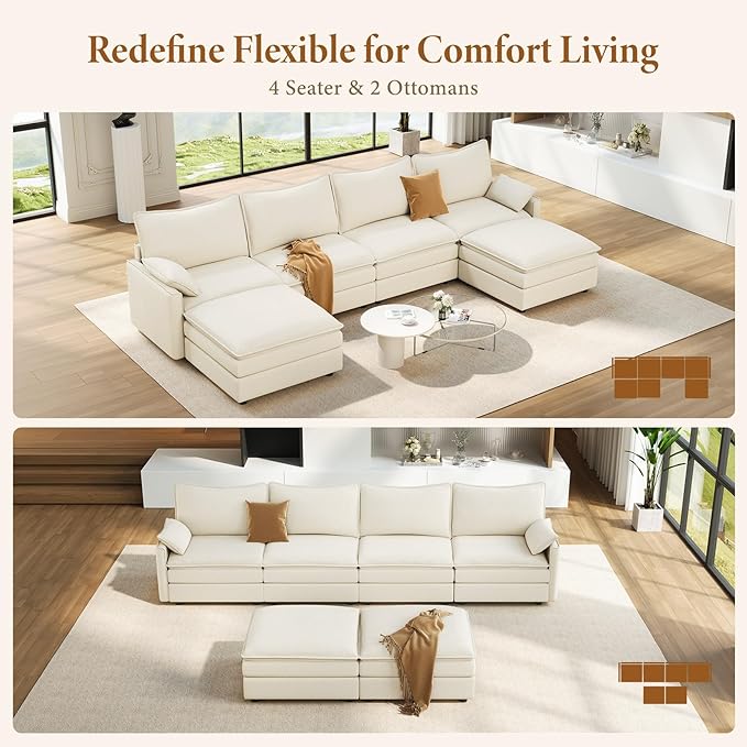 Vesgantti 142 U Shaped Sectional Couch Comfy Cloud Modular Sectional Sofa with 2 Ottoman Deep Seat Chenille Modern Cloud Sofa Modular Sofas for Living Room Bedroom and Apartment Snow White