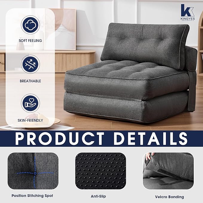KINGYES Folding Chair Bed 3 in 1 Convertible Sleeper Chair with Pillow Foldable Futon Chair for Living Room Gray