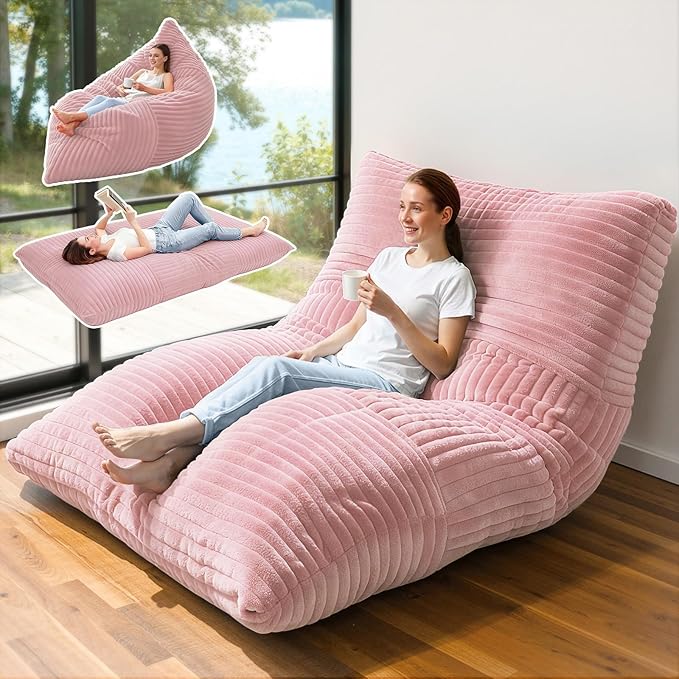 3 in 1 Giant Bean Bag Chair Convertible Bean Bag Bed for Adults and Kids Oversized Comfy Memory Foam Floor Sofa with Machine Washable Cover for Living Room Bedroom &amp Dorm(Pink)