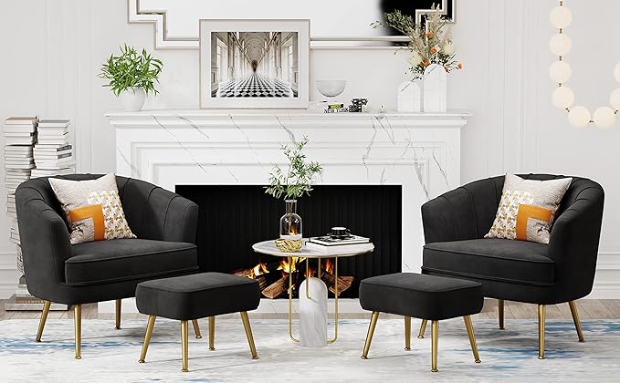 Andeworld Velvet Accent Chair with Ottoman Upholstered Modern Single Sofa Side ChairComfy Barrel Club Living Room Armchair with Golden Metal Legs for Bedroom Living Reading Room Office Black