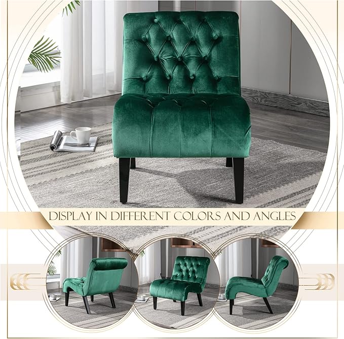 KINFFICT Velvet Accent Lounge Chair for Living Room Modern Leisure Chair with Tufted Backrest Indoor Armless Side Chair Upholstered Bedroom Sleeper Chairs with Solid Wood Legs
