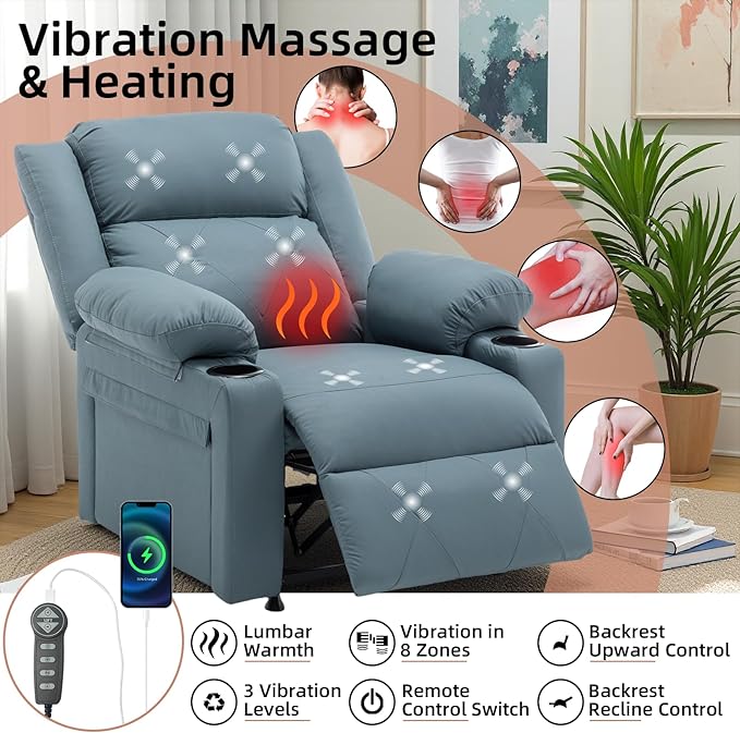 Power Recliner Chair with Vibration Massage &amp HeatUpholstered Faux Leather Single Reclining Sofa with Side Pockets Side Table for Living Room Home Theater (Blue)