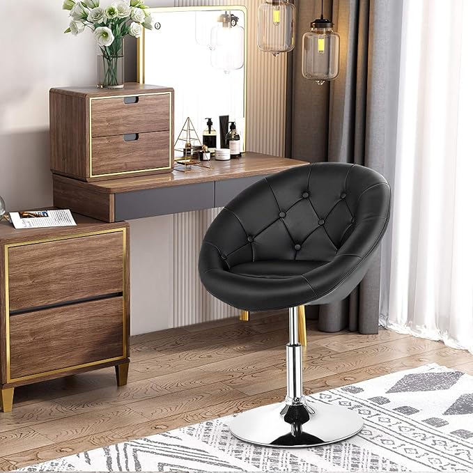 COSTWAY Vanity Chair Contemporary Height Adjustable Makeup Chair with Chrome Frame Tufted Round-Back Modern Swivel Accent Chair for Lounge Pub Bar Black