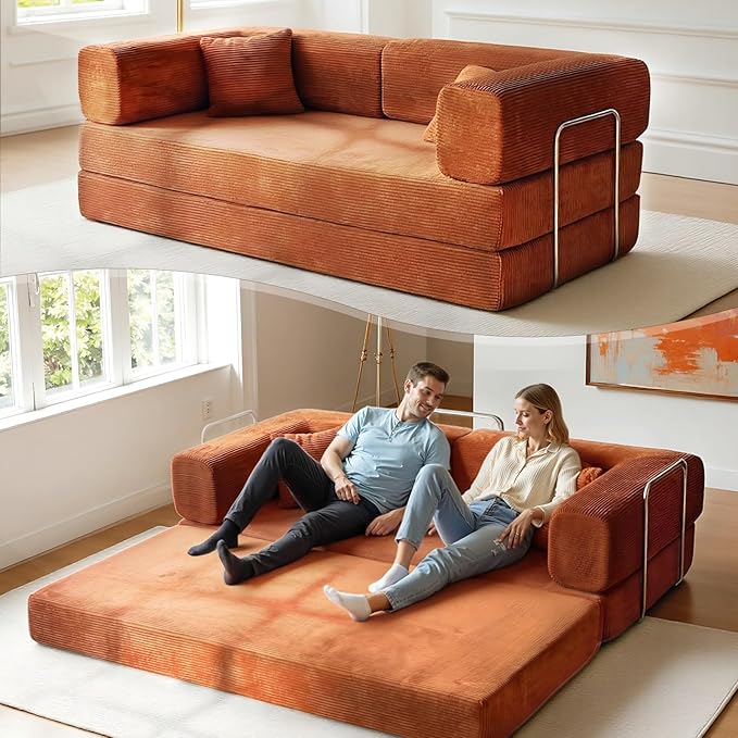 79 Inch Convertible Sofa Bed Couch in Box 5 in 1 Folding Modular Boneless Couch with Pull Out Bed 2 Pillows Soft Corduroy Floor Futon Lounge Loveseat Sleeper Lazy Cama No Assembly Orange