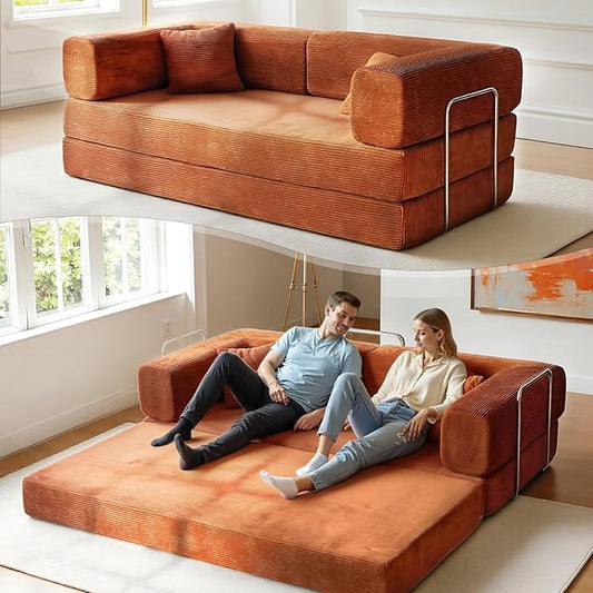 79 Inch Convertible Sofa Bed Couch in Box 5 in 1 Folding Modular Boneless Couch with Pull Out Bed 2 Pillows Soft Corduroy Floor Futon Lounge Loveseat Sleeper Lazy Cama No Assembly Orange
