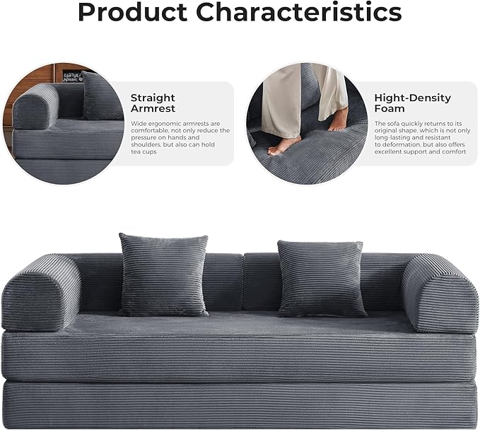 79'' Convertible Sofa Bed 5-in-1 Folding Corduroy Sleeper Couch with Pull Out Bed Oversized Modular Floor Sofa No Assembly Space-Saving Guest Bed for Apartment Living Room Bedroom (Dark Gray) | Co