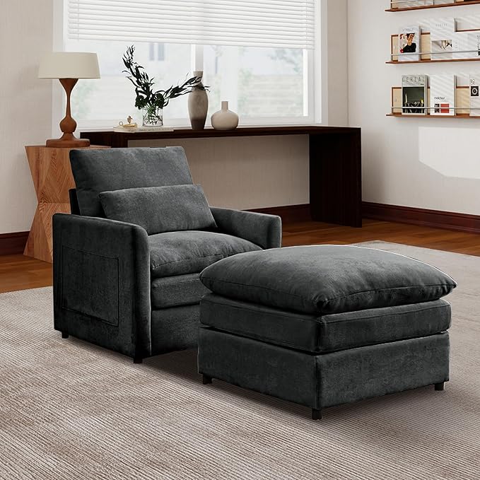 Tbfit Living Room Furniture Set Chair &amp Ottoman Modern Comfy Cloud Sofa Set Spring Seat Cushions Chenille Dark Gray