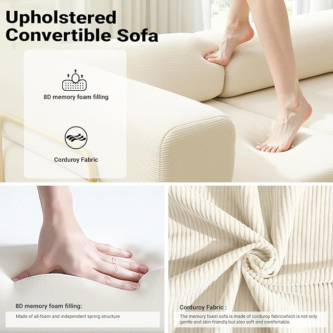 108'' Modular Sectional Sofa Bed Convertible Folding Sofa Bed with Removable Backres Boneless Cloud Couch with Deep Seat Modern Fold-Out Futon Couch Bed for Living Room No Assembly RequiredBeige