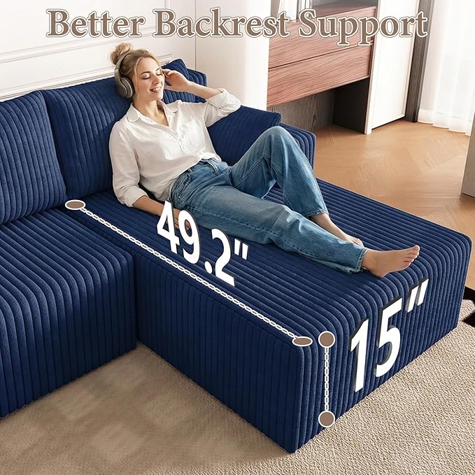 123 Cloud Modular Sectional Couch U-Shaped with Two Chaise Corduroy Boneless Couch for Living Room Bedroom Deep-Seat Upholstered Modular Cloud Sofa No Assembly Required Navy Blue