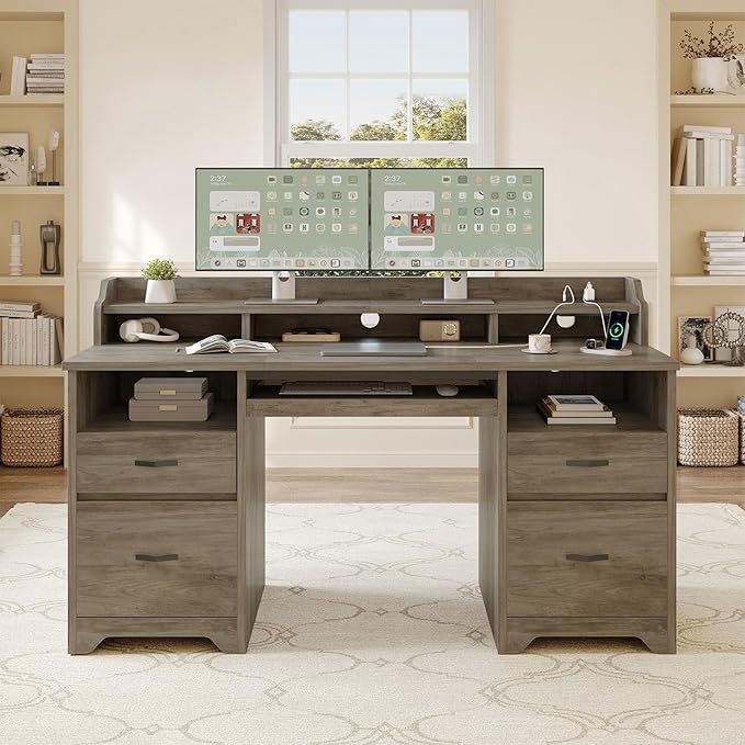 Bestier Farmhouse 59 Executive Desk with Drawers Wood Computer Desk with Charging Station Home Office Desk with Keyboard Tray &amp Monitor Stand Sturdy Pedestal Desk for Work Study Grey