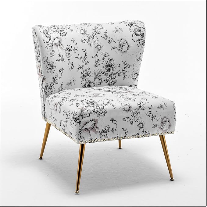 Thia Armless Accent Chair for Living Room Elegant Seat with Nailhead Trim Gold Metal Legs and Comfortable Curved Back 28 D x 25 W x 29.5 H 04 Floral Print