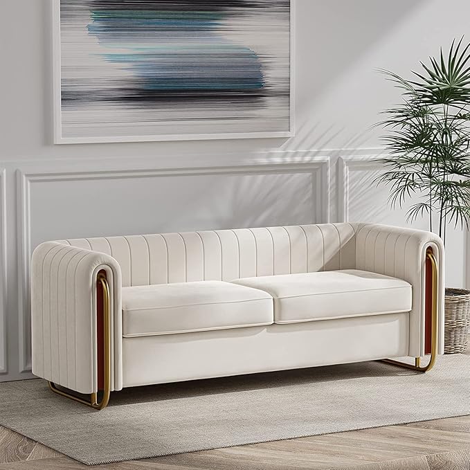 KEVINSPACE 84.25 Modern Sofa Couch Velvet Loveseat Sectional Sofa Couch with Gold Legs for 3-4 Persons Upholstered Deep Seat Love Seat Mid-Century Sofa for Living Room Office Apartment Beige