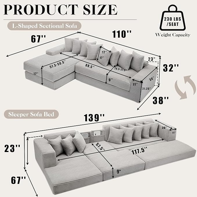 L Shaped Modular Cloud Couch with 8 Pillows Modern Corduroy Boneless Sectional Sofa with Large Chaise for Living Room Office Studio Flat Left Facing Chaise Compressed Sofa (Light Grey)