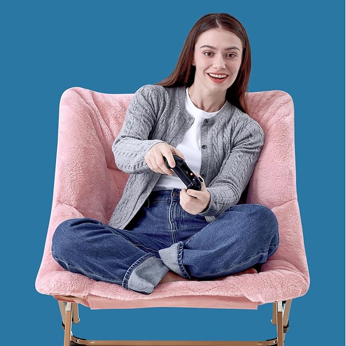 OAKHAM Comfy Chair for Adults Soft Faux Fur Folding Lounge for Bedroom Living Room Dorm Rooms Flexible Reading Chair for Teens Kids X-Large Foldable (Faux Fur-Pink)