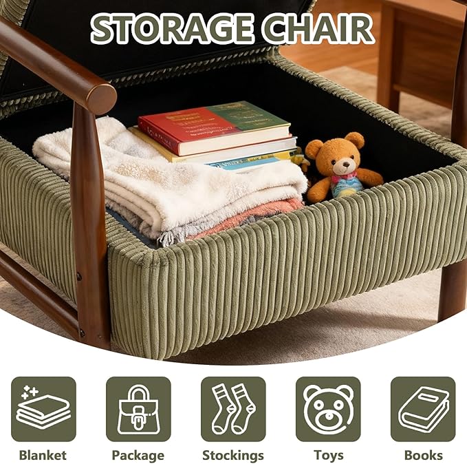 Green Accent Chair with Storage 24 W Mid Century Modern Chair with Cushion Upholstered Corduroy Reading Chair with Wooden Legs Comfy Arm Chairs for Living Room Bedroom (Green)