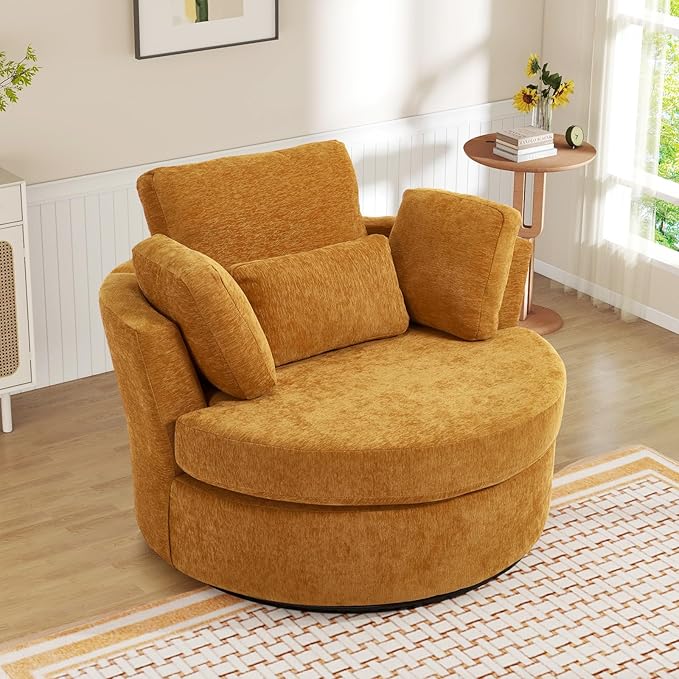 Oversized Swivel Accent Barrel Chair Set of 2 Chenille Upholstered Comfy Round Swivel Chair with Pillows 360 Degree Modern Lounge Reading Sofa Armchair for Nursery Living Room Bedroom(Yellow)