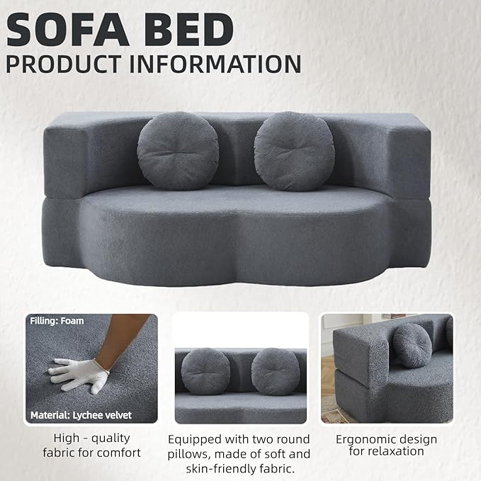 76 Convertible Folding Sofa Bed 2-in-1 Twin Size Loveseat Sleeper Couch Bed with Two Pillows Foldable Space-Saving | Design for Dorms Apartments Bedroom&amp Living RoomNo Assemble(Grey)