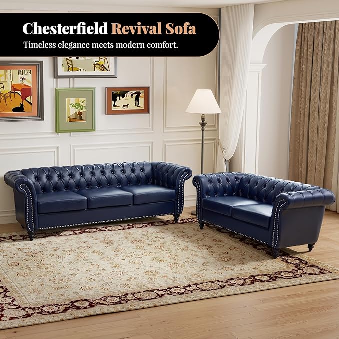 LEVNARY Chesterfield Sofa 3 Seater Tufted Couch for Living Room Classic Button Tufted Upholstered Sofa Modern Mid-Century PU Leather Sofa (Blue)