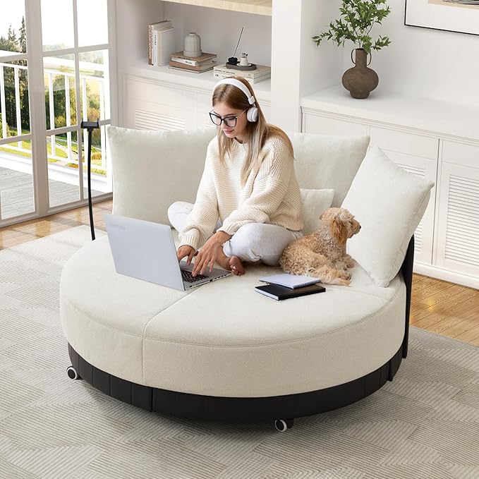 SLEERWAY Oversized Round Swivel Accent Chair Large Circle Barrel Chair and A Half Comfy Upholstered Lazy Sofa Couch with Phone Stand/Wheels Chaise Lounge Daybed for Living Room Bedroom Beige