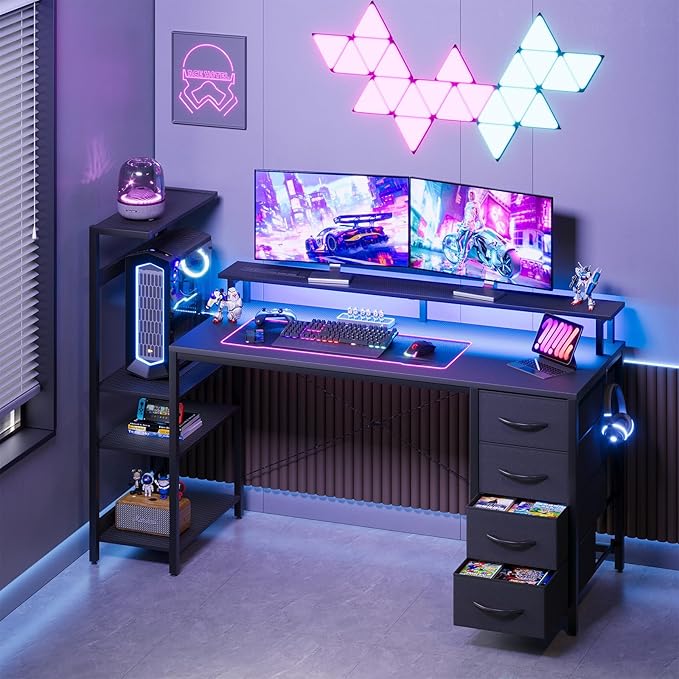 59 Inch Gaming Desk with Power Outlet and LED Lights Computer Desk with 4 Drawers &amp Storage Shelves Reversible Home Office Desk with Monitor Stand for Small Space Bedroom Carbon Fiber Black